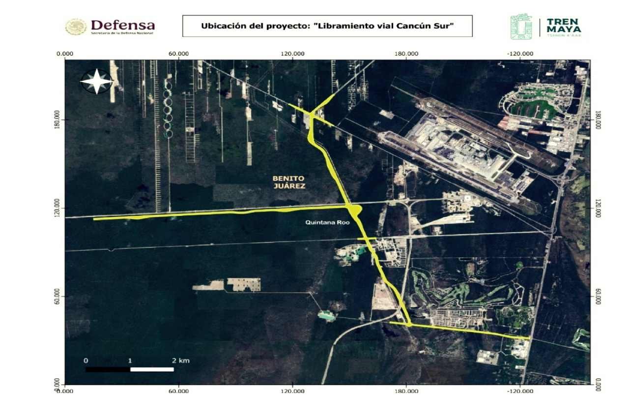 Map showing the proposed route of the Cancún bypass project