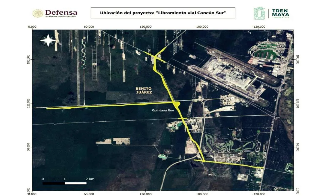 Map showing the proposed route of the Cancún bypass project