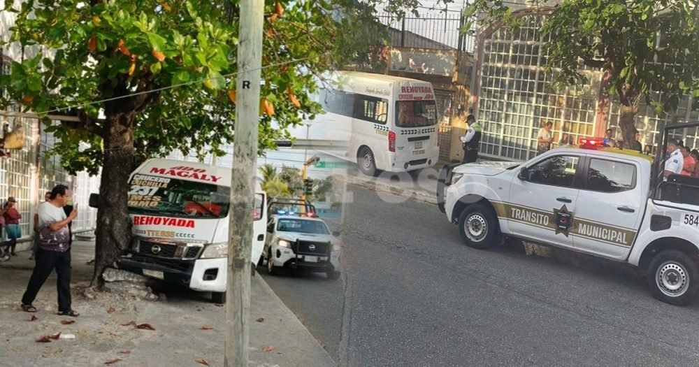 A damaged minibus crashed into a tree on a sidewalk in Cancún, Mexico
