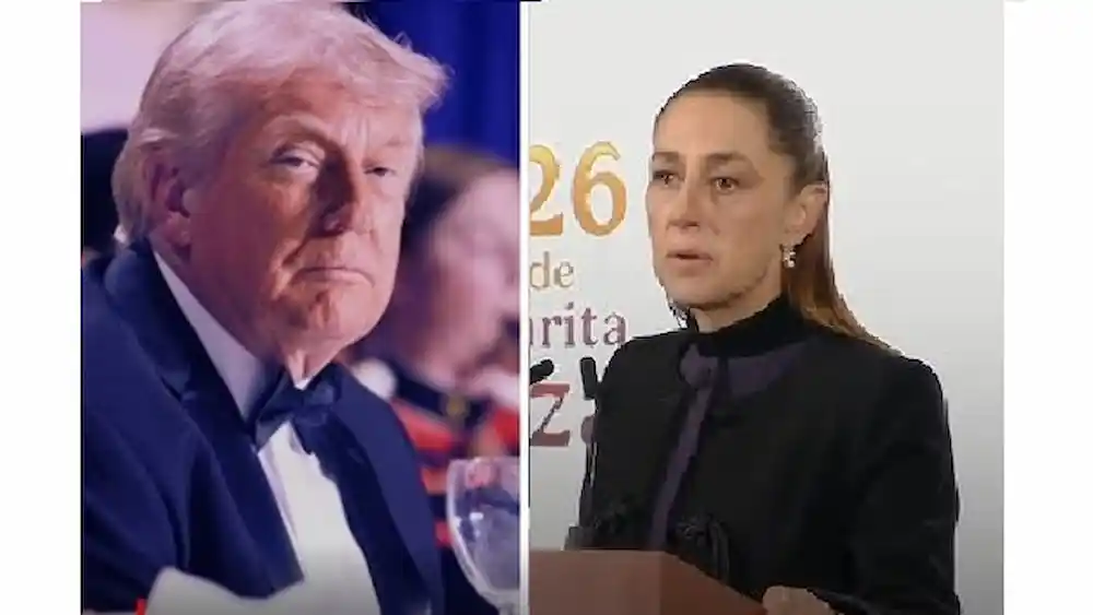Mexican President Claudia Sheinbaum speaking at a podium with a portrait of Donald Trump in the background