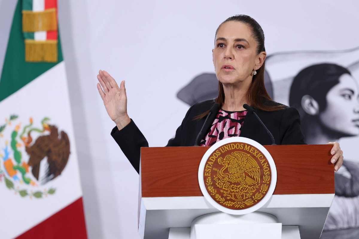 Mexican President Claudia Sheinbaum speaking at a press conference about her upcoming trip to Spain