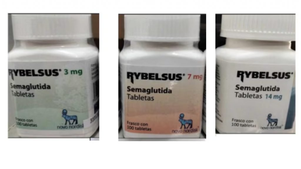 A warning sign next to medication packaging, representing the Cofepris alert about counterfeit Rybelsus