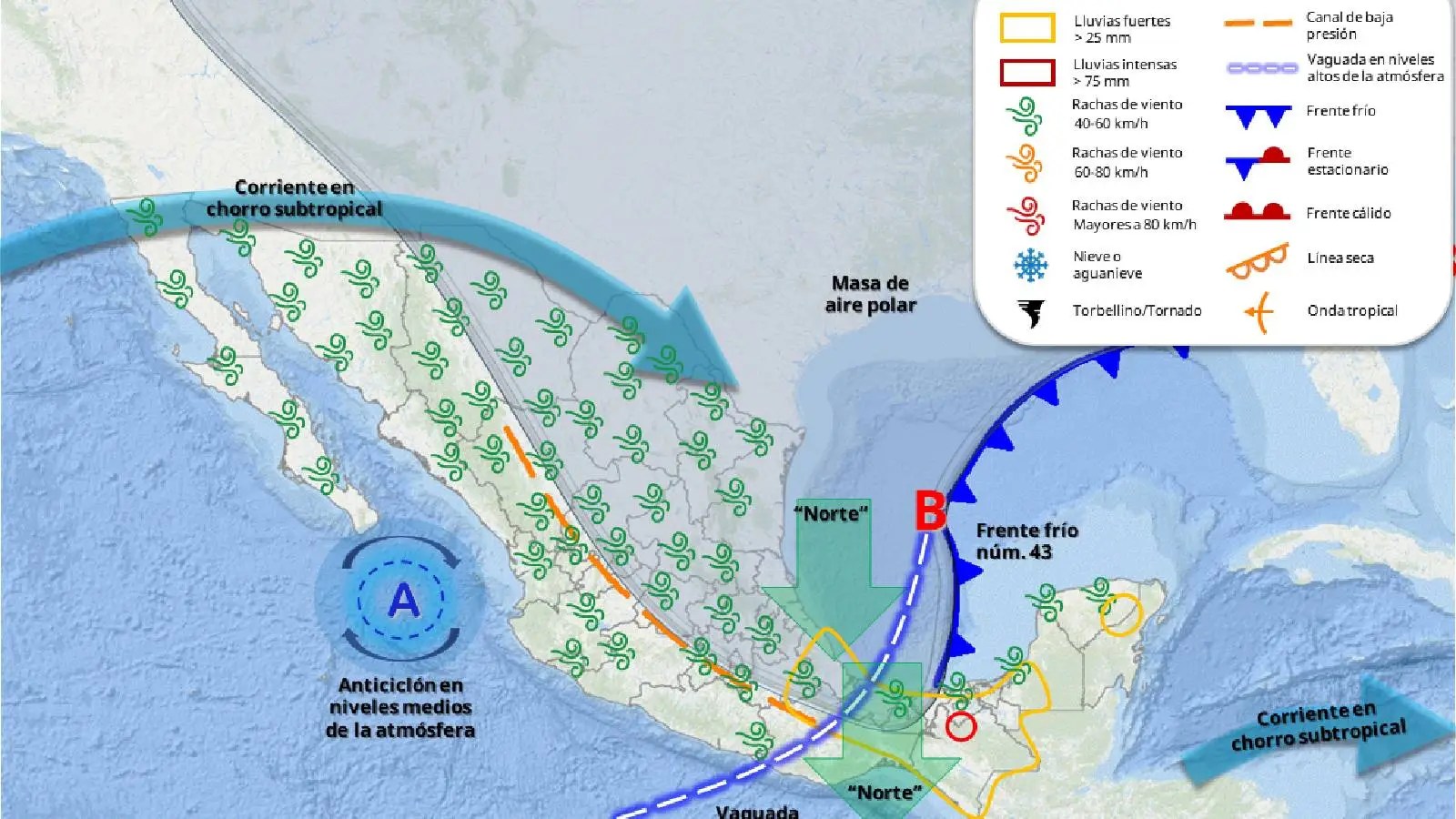 Weather map showing areas under surveillance for significant storm development in Quintana Roo due to Cold Front 43
