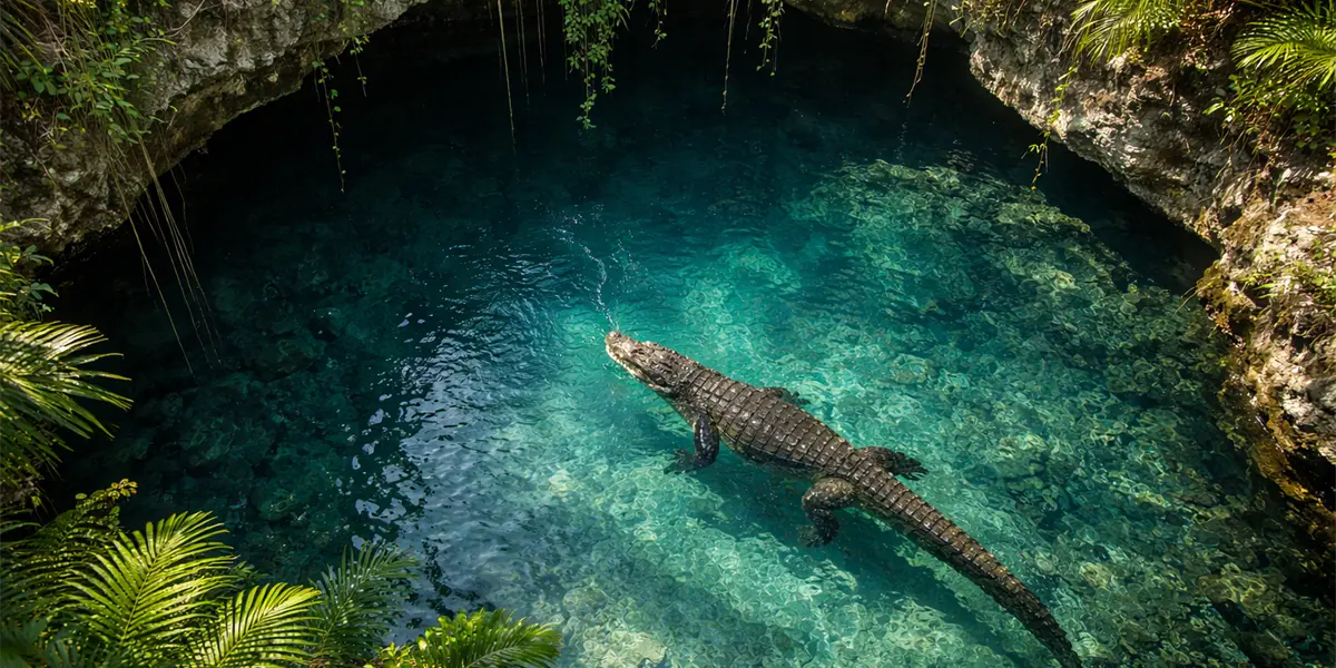 A crocodile swimming in a cenote in the Yucatan Peninsula