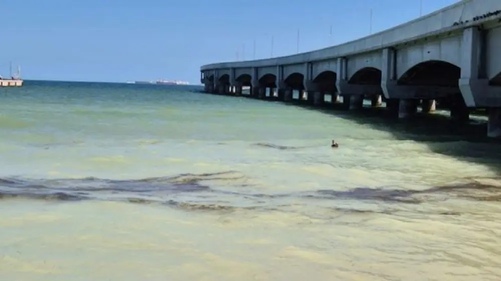 Aerial view showing diesel spill containment efforts near Puerto Progreso in Yucatan, Mexico