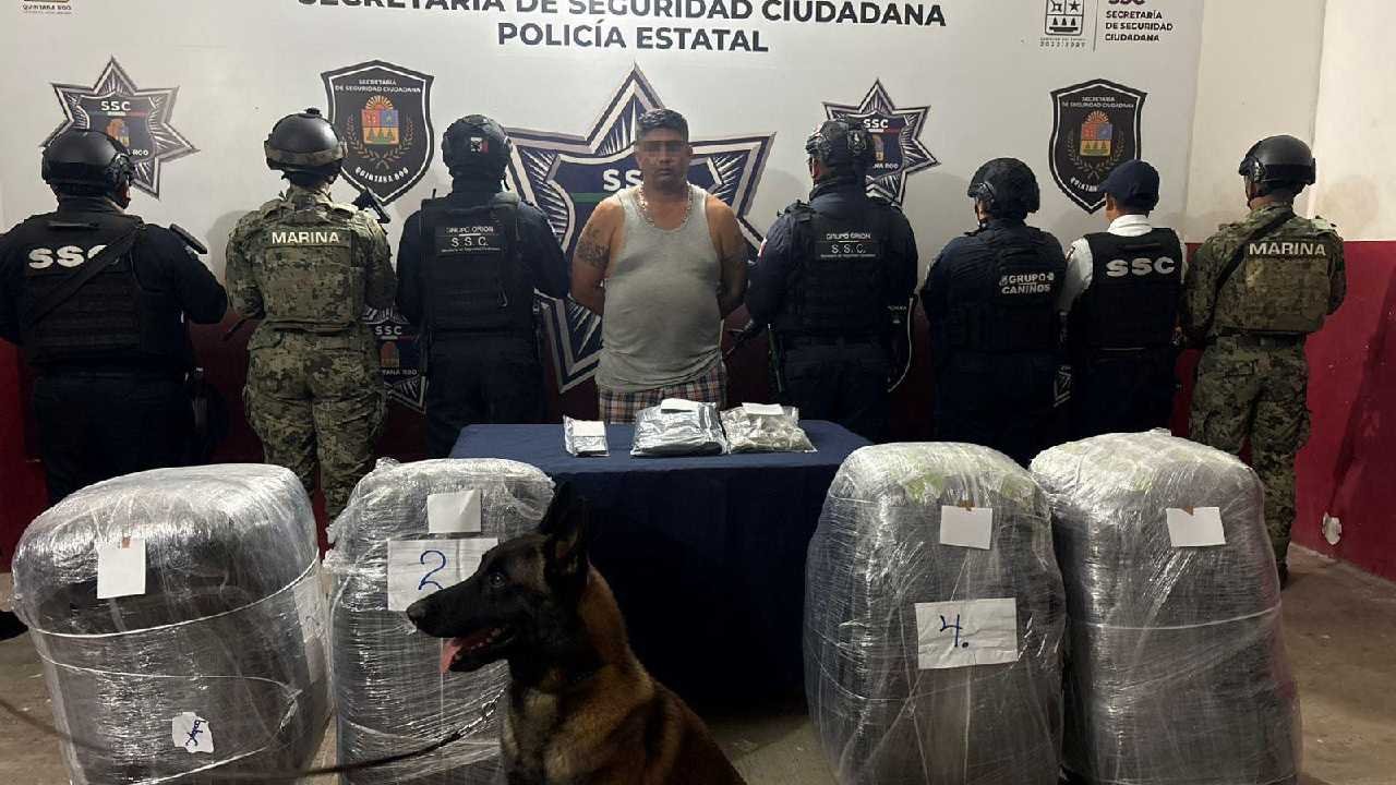 Authorities inspect seized drugs and vehicles in Othón P. Blanco, Quintana Roo