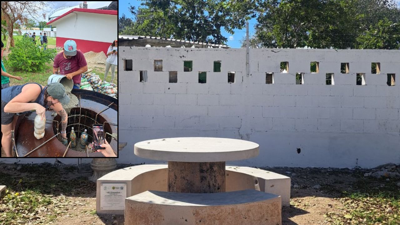 Students sit at a new dining hall built with ecoladrillos at a secondary school in Puerto Aventuras.