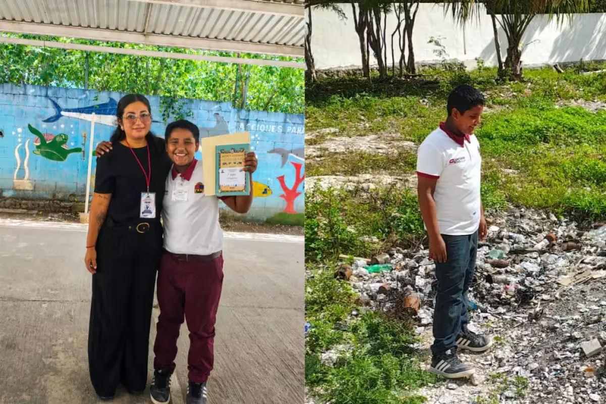 Emmanuel, an 11-year-old student, holds his award for winning the Children's Knowledge Olympiad with an environmental project in Cancun.