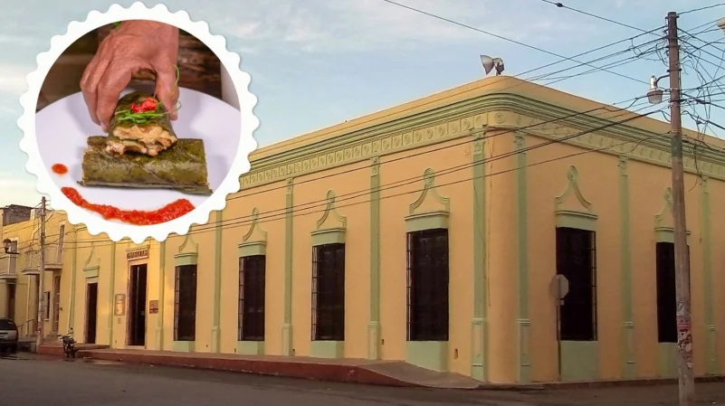 A view of Espita's colonial architecture and a traditional Kots'ob tamal wrapped in hoja santa leaf