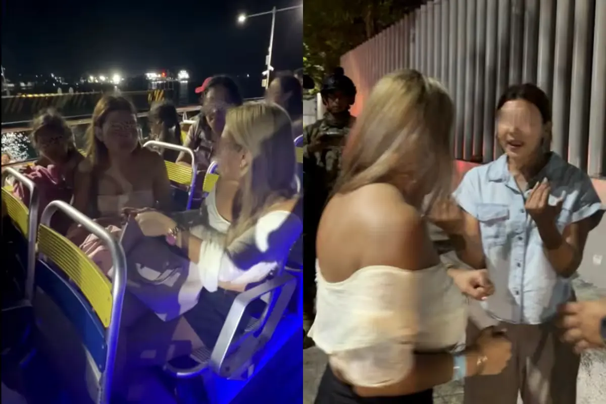 Passengers being escorted off a ferry in Isla Mujeres after a bracelet theft accusation