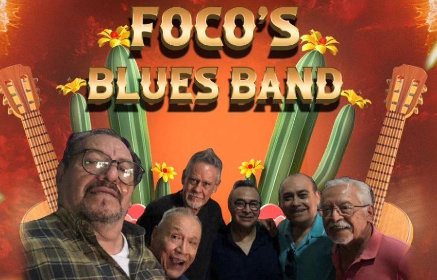 Foco's Blues Band performing on stage at Parque de las Palapas in Cancun