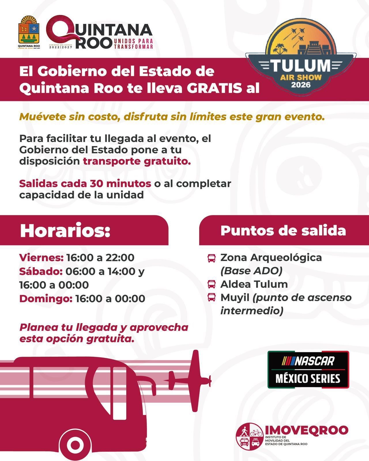 Free shuttle buses and alternate routes for Air Show Tulum 2026