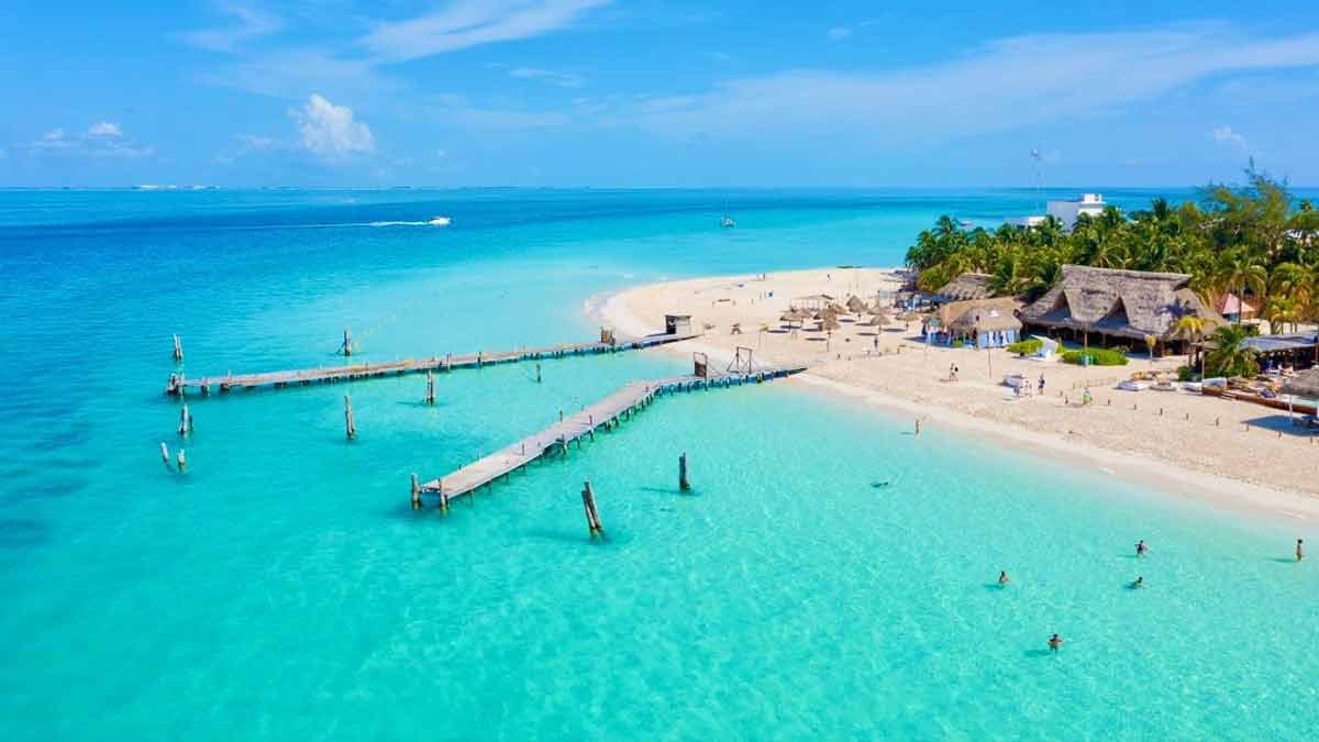 Aerial view of Playa Norte in Isla Mujeres with turquoise water and white sand