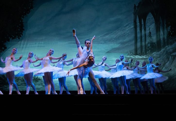 Dancers from the Kiev Ballet performing Swan Lake on stage