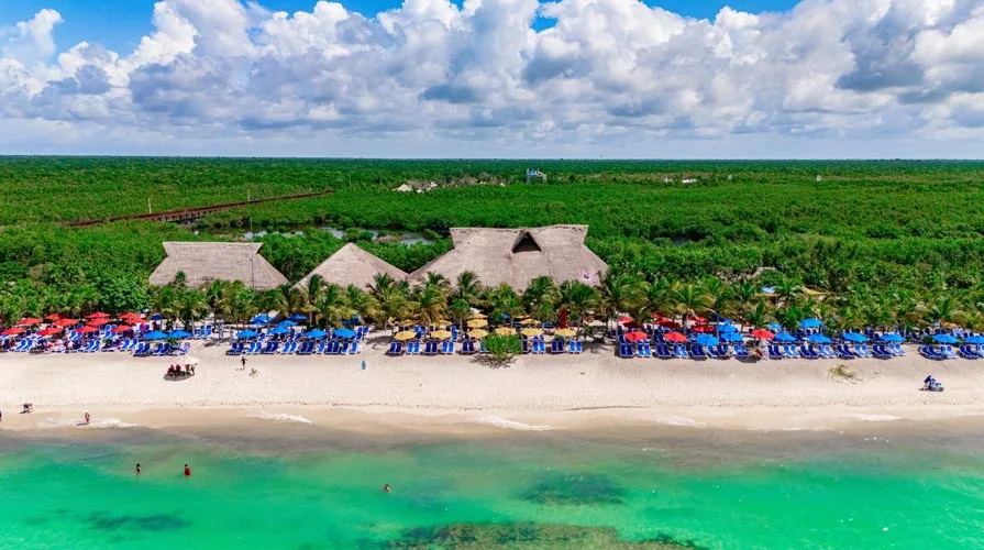 Aerial view of Kuzá Beach & Adventure Park in Cozumel showing new water park slides and zipline structures