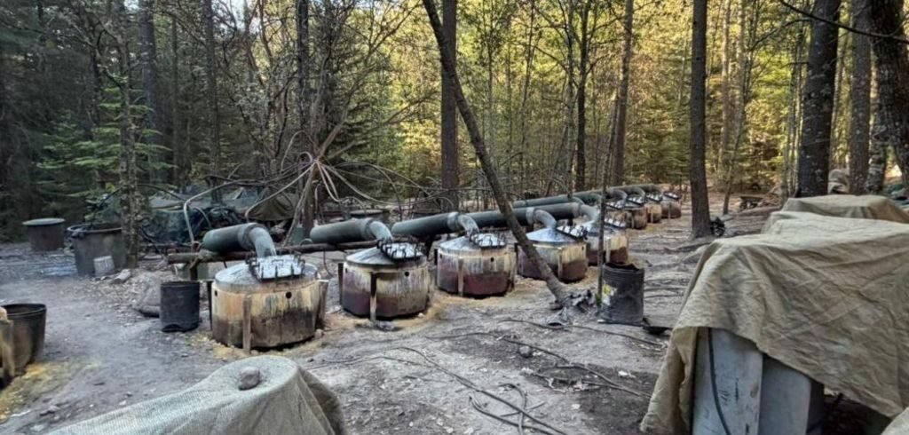 A suspected clandestine methamphetamine processing lab discovered in a mountainous area near Guachochi, Chihuahua state, Mexico