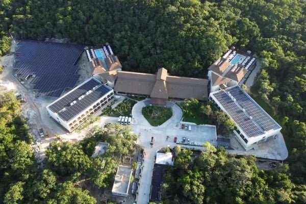 Aerial view of a military-run hotel in Calakmul, Campeche, part of the GAFSACOMM tourism group