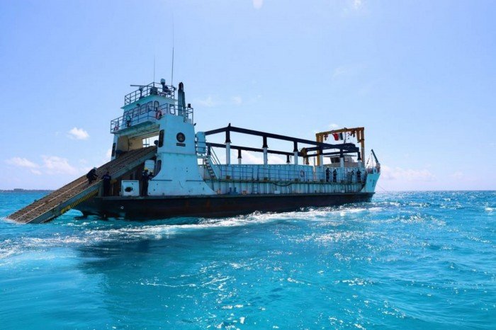 A Mexican Navy vessel at sea used for sargassum collection in the Caribbean