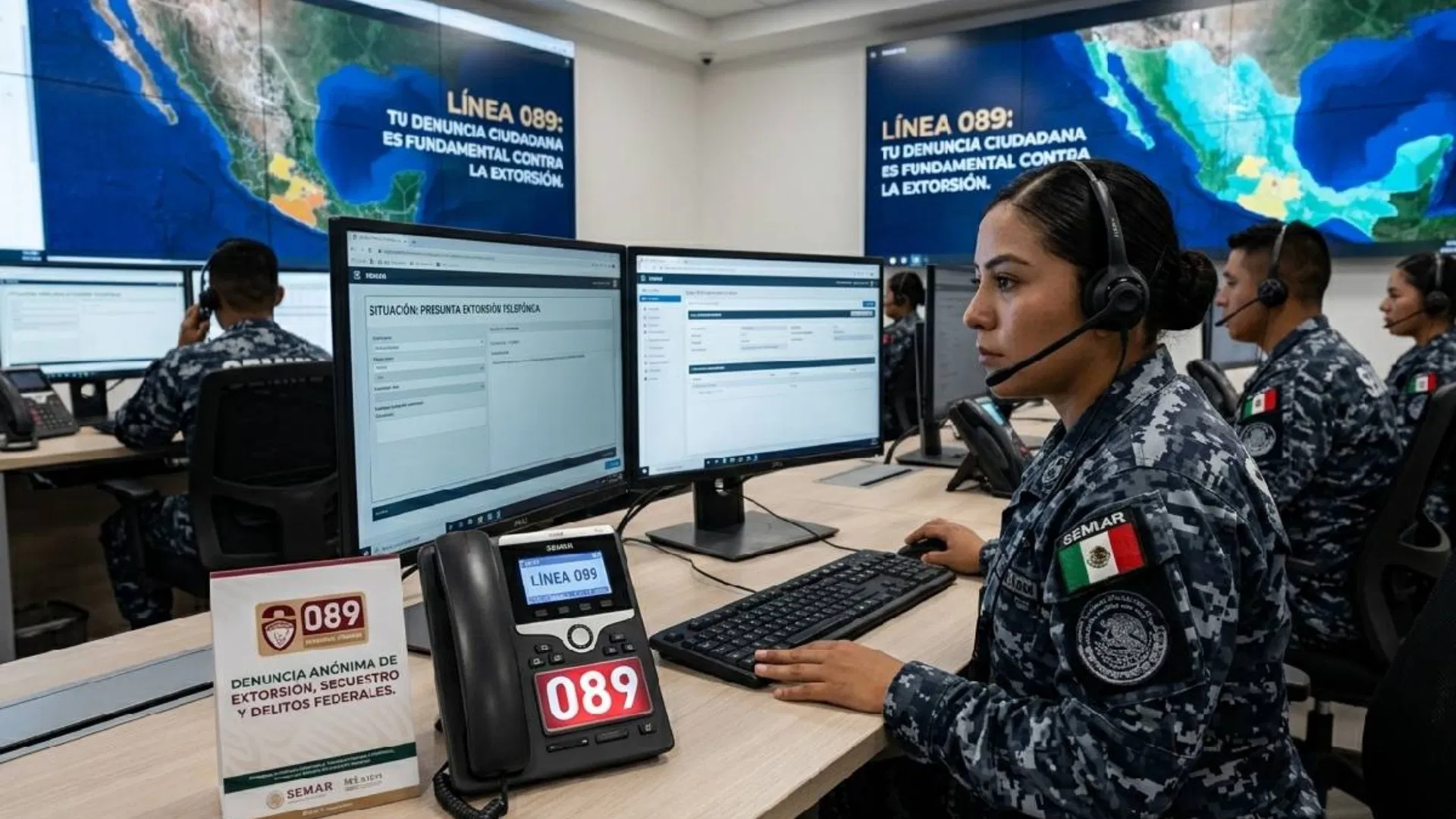 Officials present data on Mexico's anti-extortion hotline 089 at a press conference