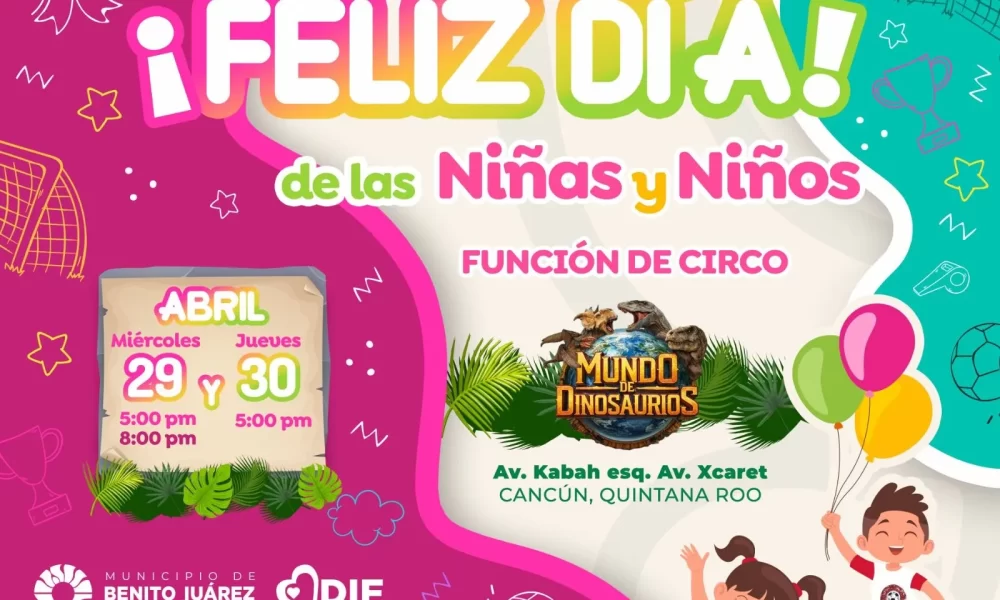 Children watching a dinosaur show in Cancun