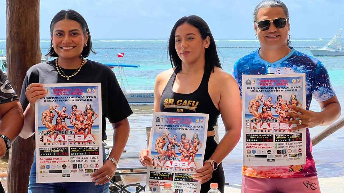 Officials and organizers at a press conference announcing the first NABBA bodybuilding and fitness competition in Puerto Morelos