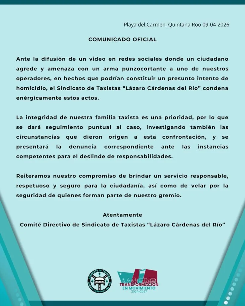 Official statement from the Lázaro Cárdenas del Río Taxi Union condemning the attack