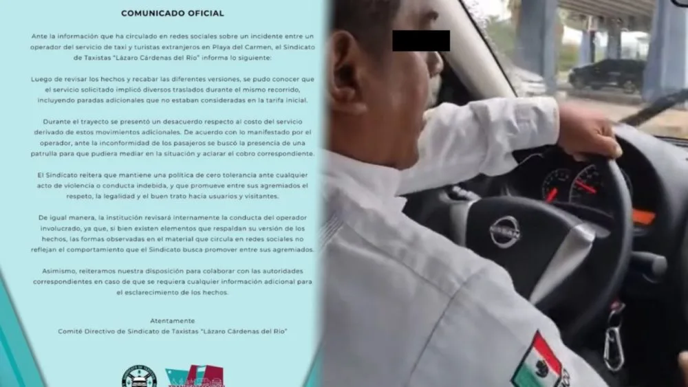 A taxi in Playa del Carmen, Mexico, with the Lázaro Cárdenas del Río union logo visible