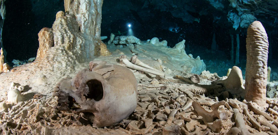 Archaeological photo of a preceramic skeleton in a cave in Quintana Roo, Mexico