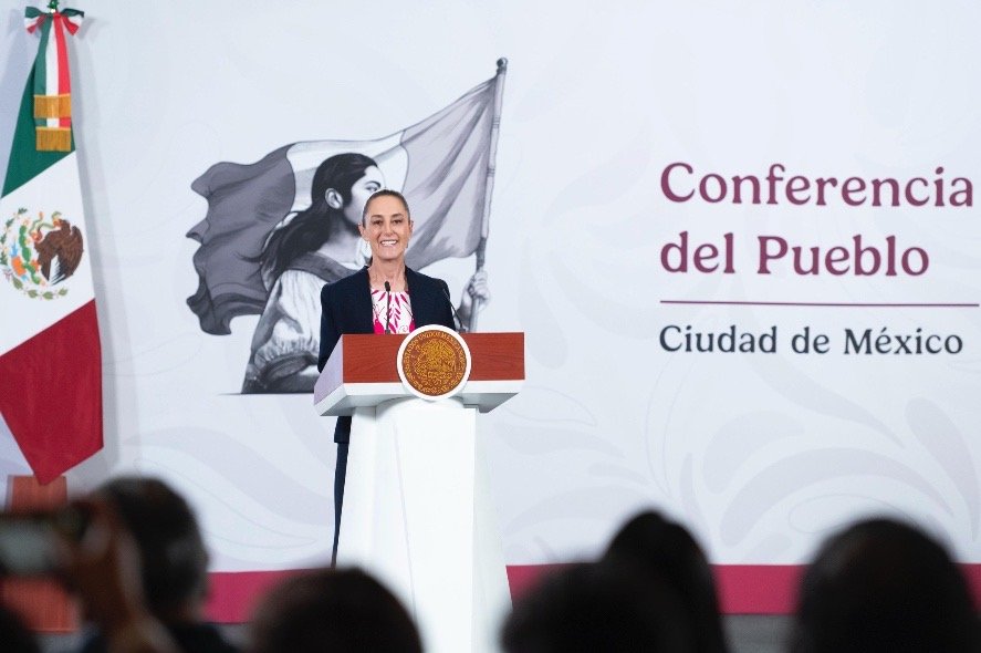 Mexican President Claudia Sheinbaum speaking at a press conference about education funding
