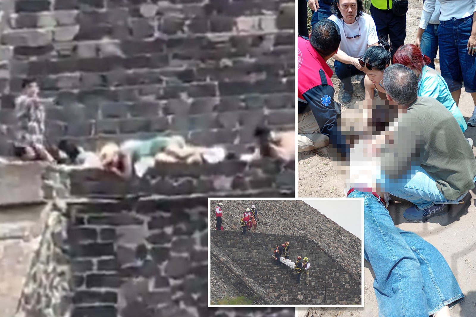 Police and forensic workers at the Pyramid of the Moon after a shooting that left one tourist dead and six injured