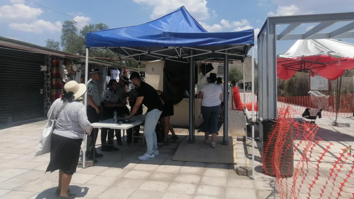 Visitors pass through security arches at the Teotihuacan archaeological site in Mexico.
