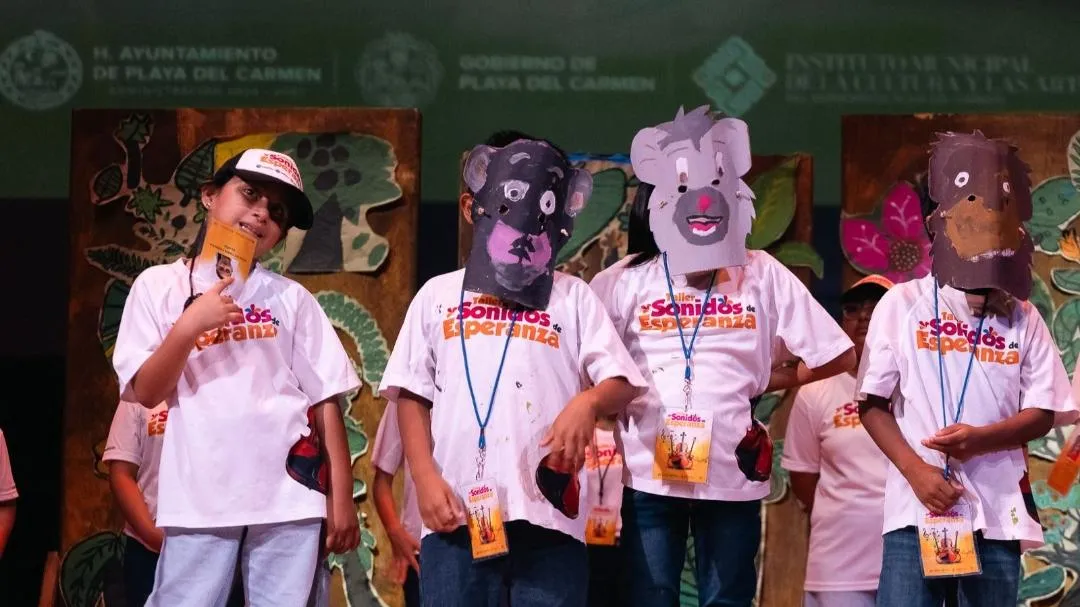 Performers and participants at the Sounds of Hope arts gala in Playa del Carmen's City Theater
