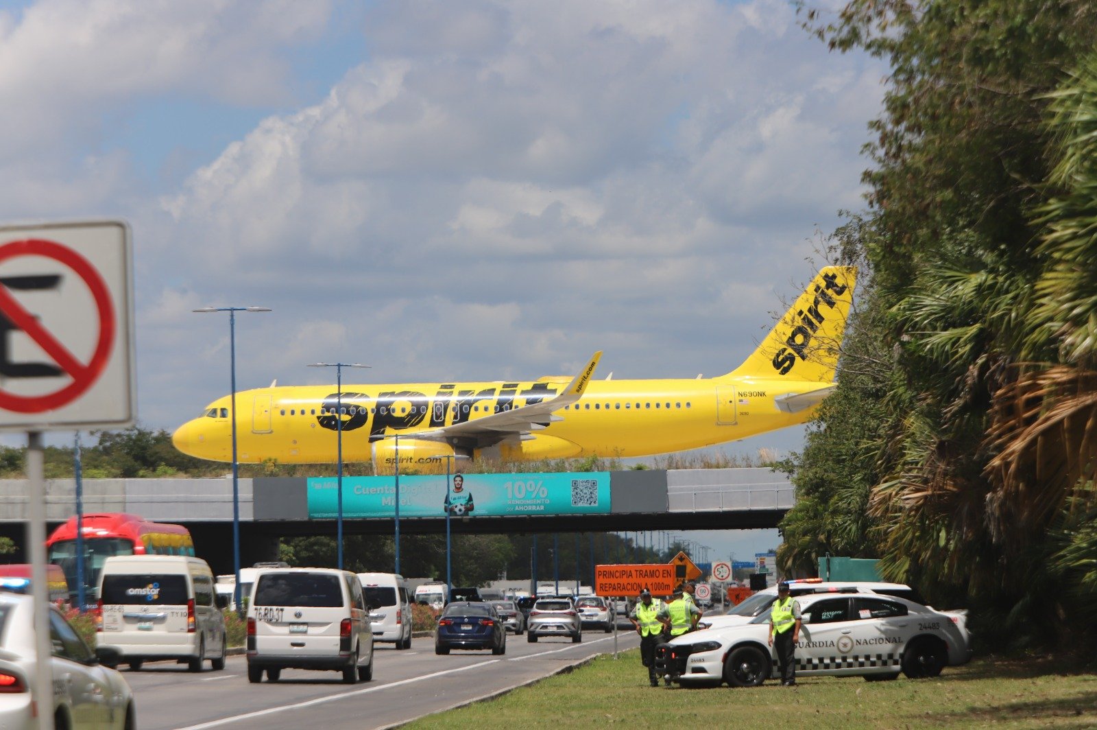 A Spirit Airlines aircraft on the tarmac at Cancún International Airport
