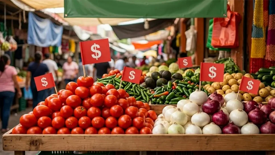 A shopper examines tomatoes in a Mexican supermarket as prices have surged over 126%