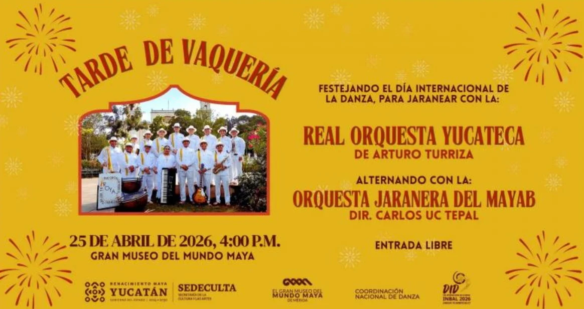 Performers in traditional Yucatecan attire dancing jarana at the Great Maya World Museum during the vaquería celebration