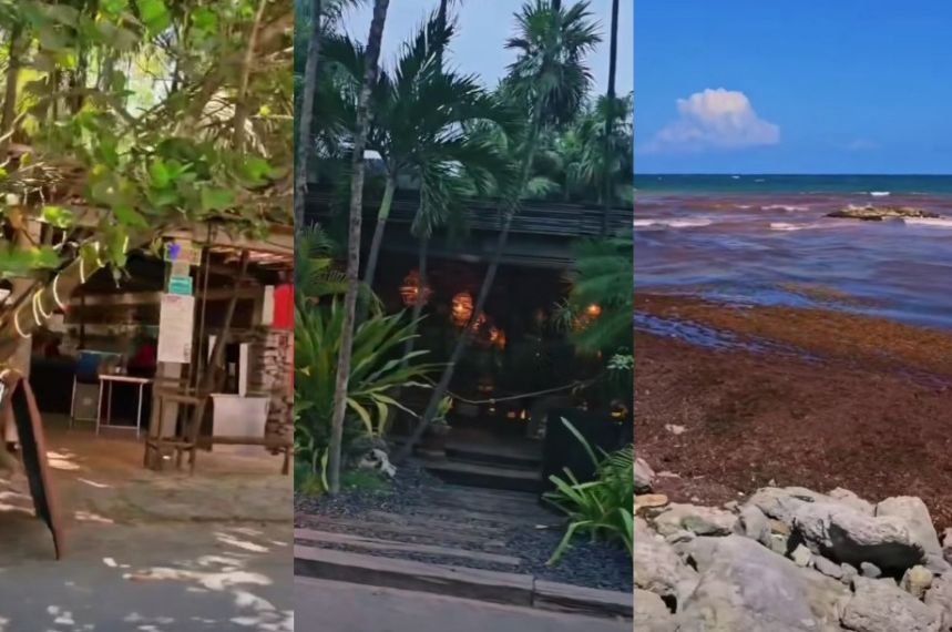 A view of Tulum's empty streets and a beach covered in sargassum and trash during what should be peak tourist season