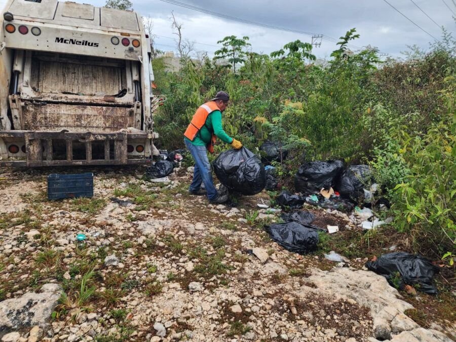 Municipal workers cleaning up an illegal dump site near El Cristal cenote in Tulum, Quintana Roo