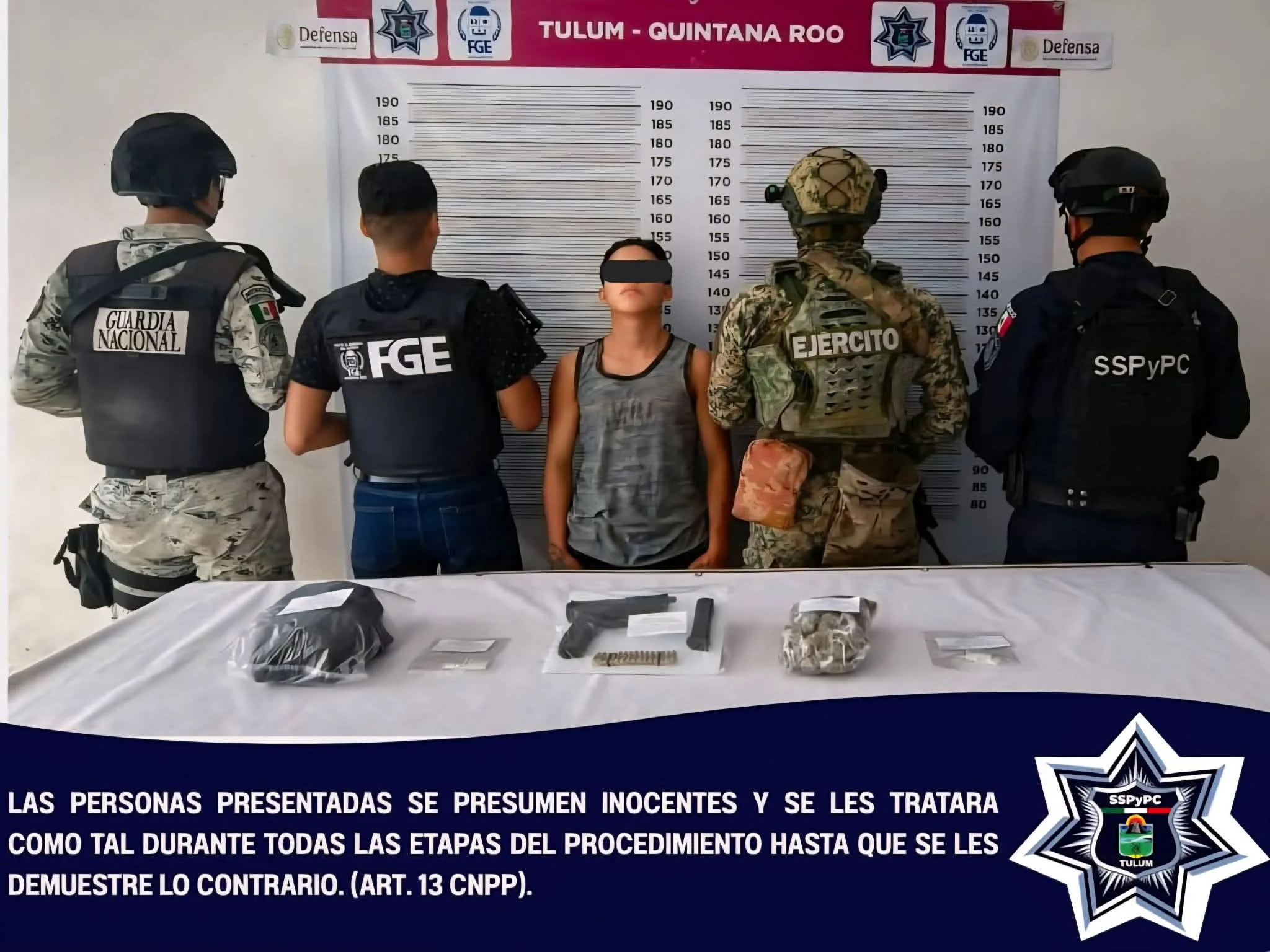 Police evidence from Tulum arrest showing drugs and firearm