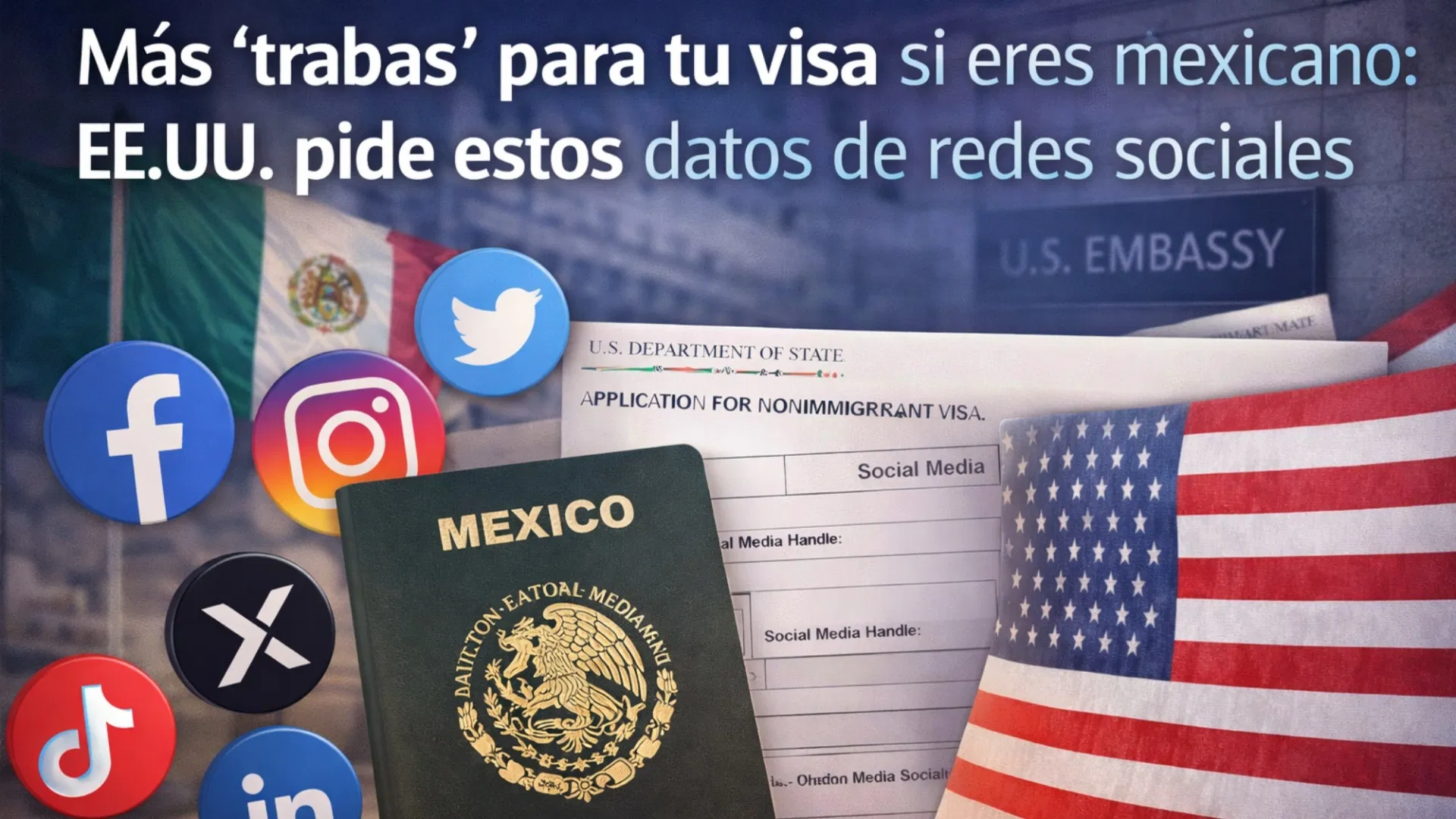 Illustration showing a smartphone with social media icons and a U.S. visa document