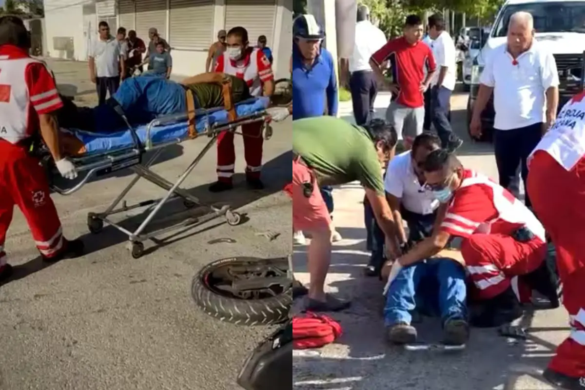 A woman lying on the ground after a motorcycle accident in Playa del Carmen, with bystanders and emergency personnel nearby