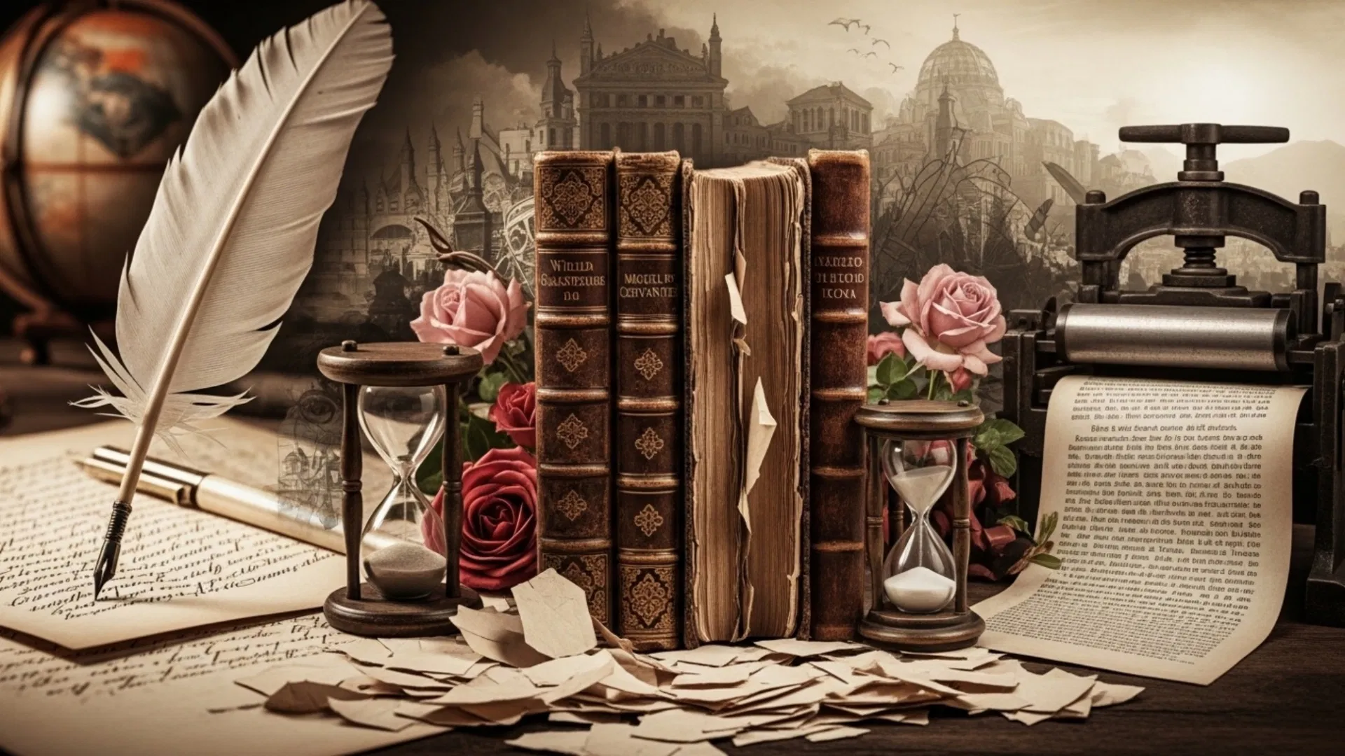 A stack of books and a red rose on a table, symbolizing World Book Day traditions