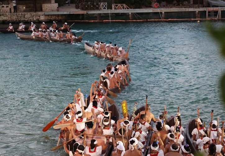 Entrance to Xcaret park featuring traditional Mayan architectural elements