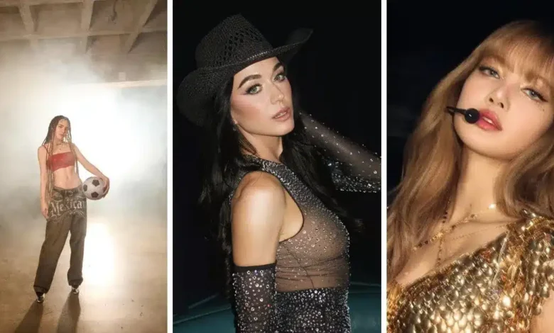 Collage of artists Katy Perry, Alejandro Fernandez, Mana, and Lisa of Blackpink performing on stage