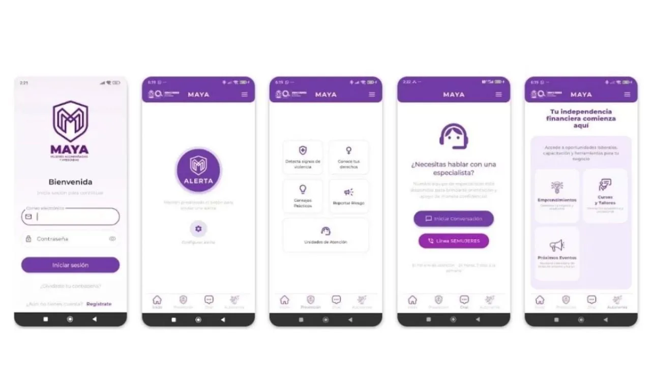Smartphone displaying the App Maya interface with emergency button and map