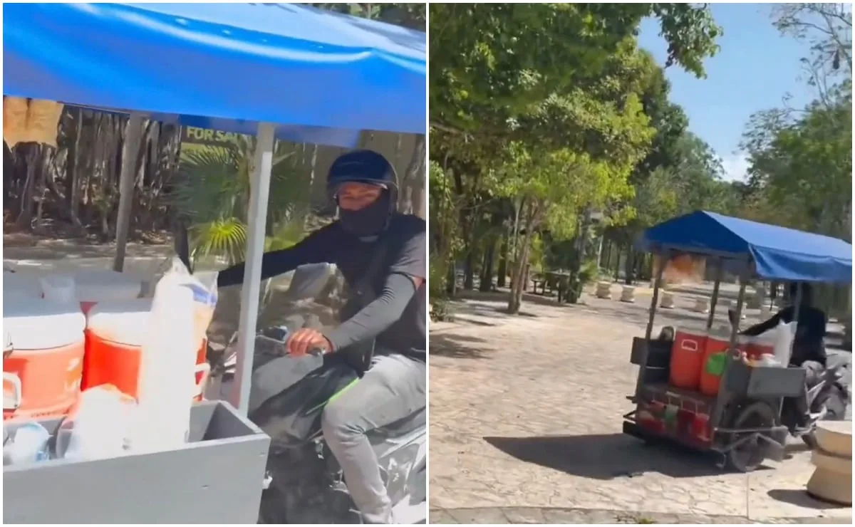 Screenshot of a video showing an Argentine man confronting a Mexican pozol vendor on a motorcycle in Tulum