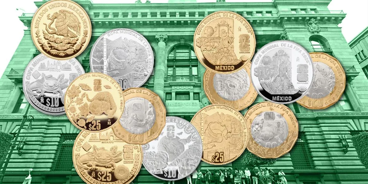 A set of 12 commemorative coins from Banxico for the 2026 FIFA World Cup, including bimetallic, gold, and silver pieces.