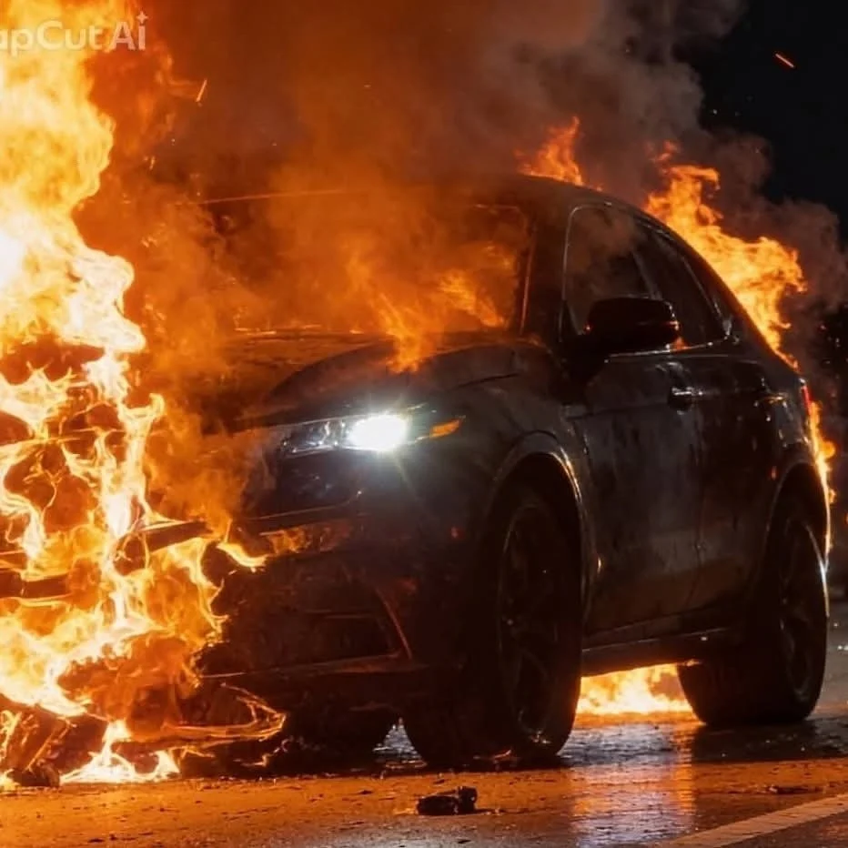 A BMW X5 completely engulfed in flames on the Merida-Progreso highway after a fatal crash