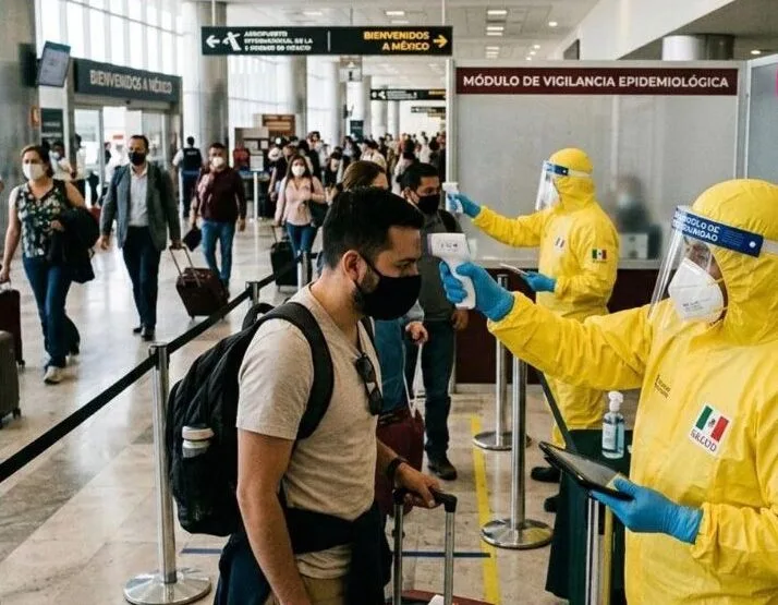 Passengers at Cancun International Airport undergoing health screening before the 2026 FIFA World Cup