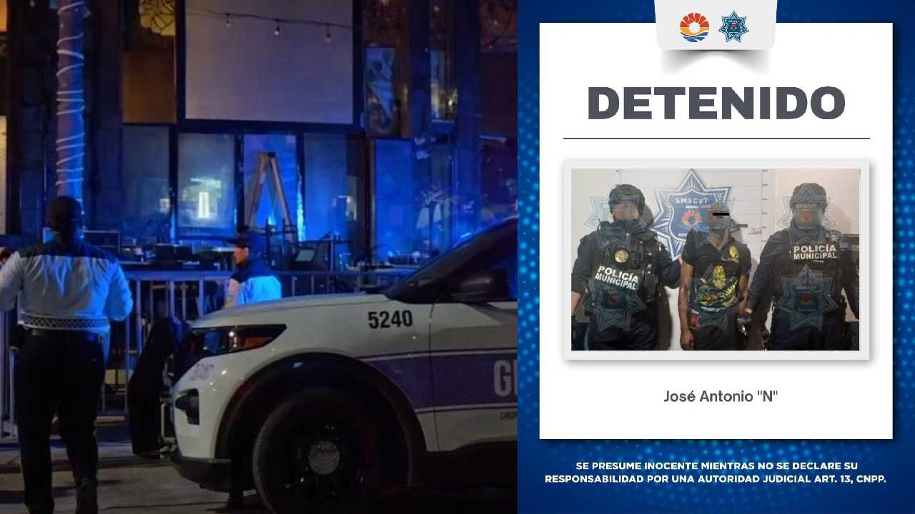 Police tape and officers at the entrance of La Hija de Cuauhtemoc bar in Cancun after a fatal stabbing