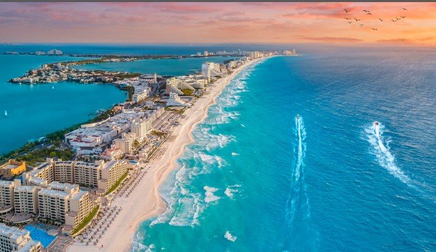 Aerial view of Cancun beach with turquoise water and hotels